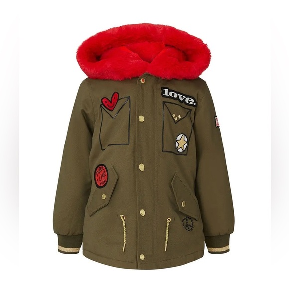 Marc Jacobs Other - Little Marc Jacobs girls olive green & red faux fur lined winter parka patches